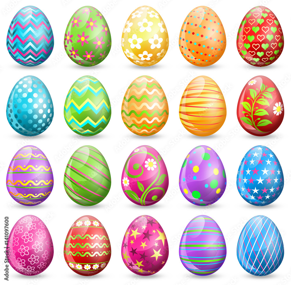 Collection of 20 beautiful Easter eggs, made with glass and painted with colors.