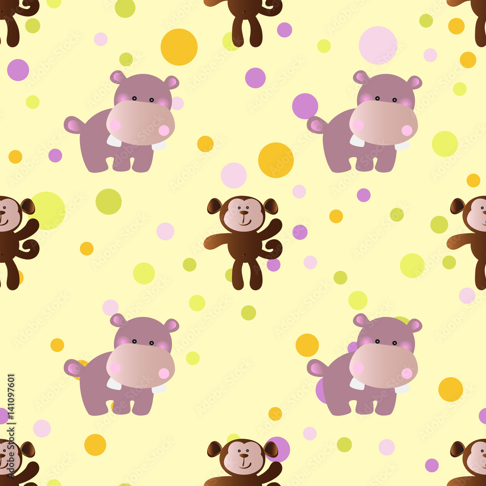pattern with cartoon cute baby behemoth and monkey
