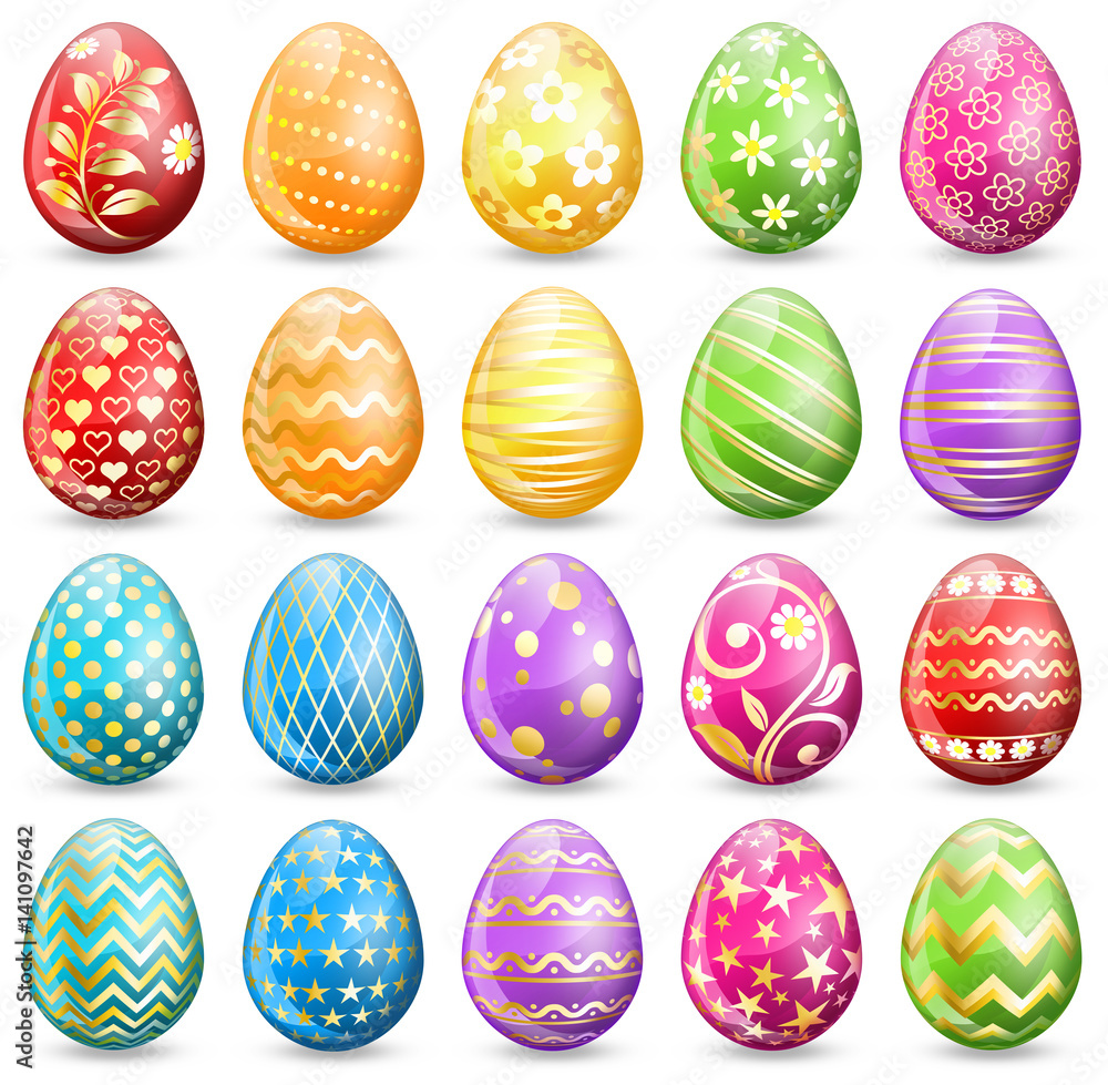 Collection of 20 beautiful Easter eggs, made with glass and decorated with gold.