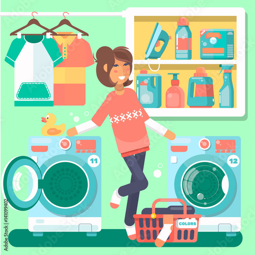 Housewife in the laundry room with washing machine  basket and household chemicals flat style vector illustration