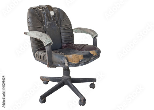 Black Office chair old damage leather and dirty isolated on white background, with clipping path