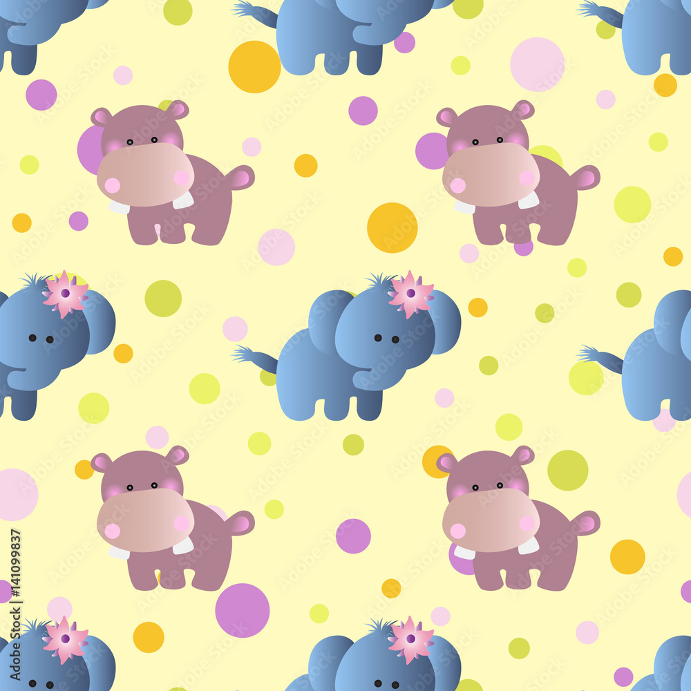 pattern with cartoon cute baby behemoth, elephant