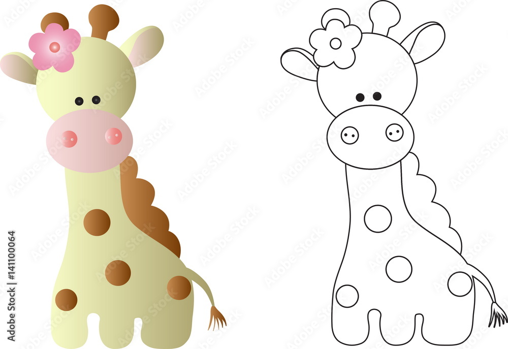 Naklejka premium cartoon cute baby giraffe - in color and line art
