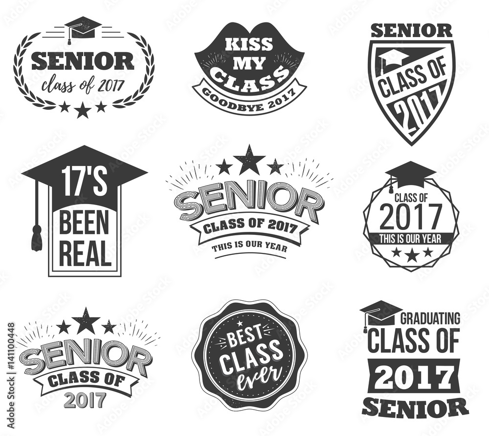 The set of black colored senior text signs with the Graduation Cap, ribbon vector illustration. Class of 2017 grunge badges on white background.