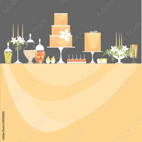 Candy Buffet with cake. Wedding dessert bar. Birthday sweet table. Vector illustration.