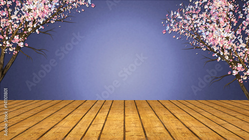 3d rendering picture of plum blossom and wooden floor. Spring theme background. Blank copy space for your logo or messages.