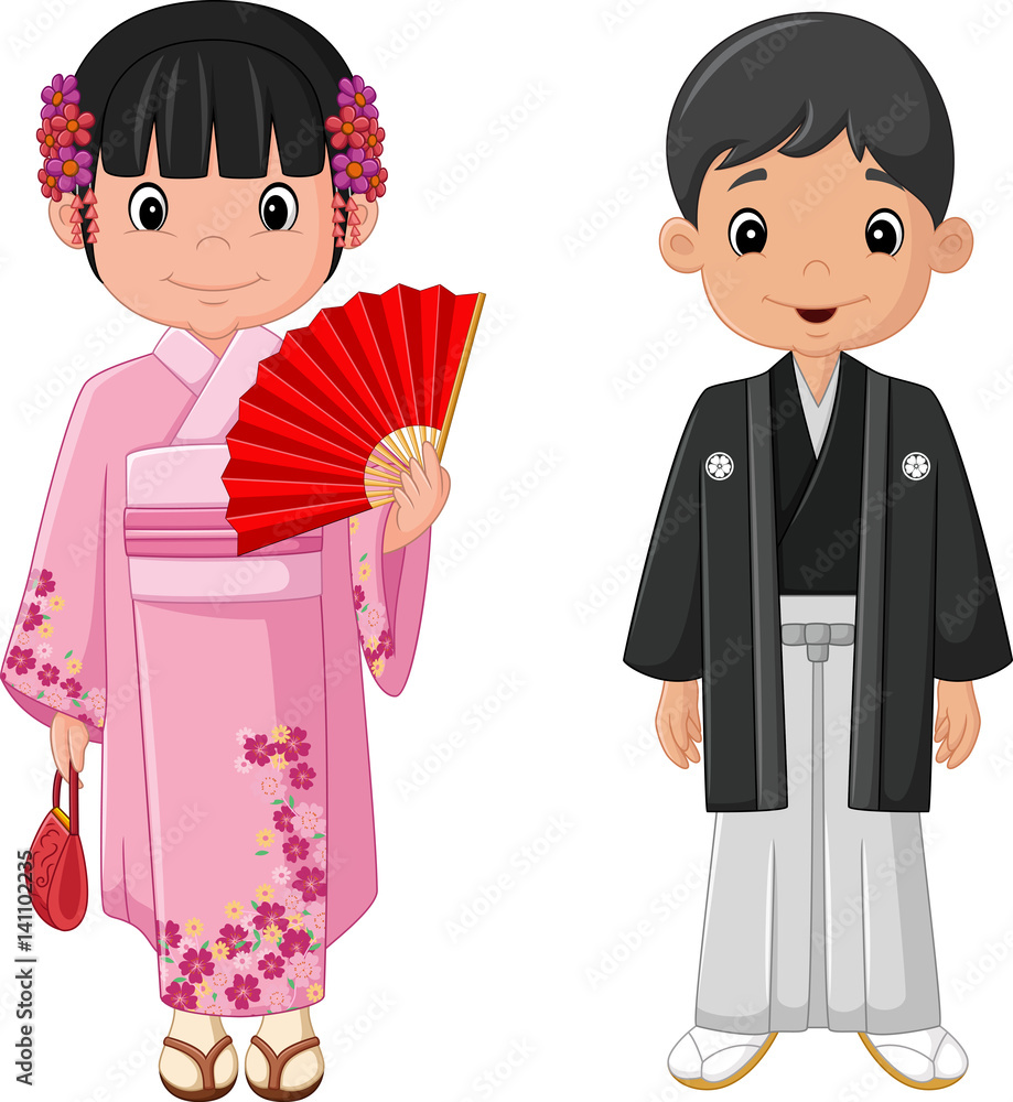 Cartoon Japanese couple wearing traditional costume