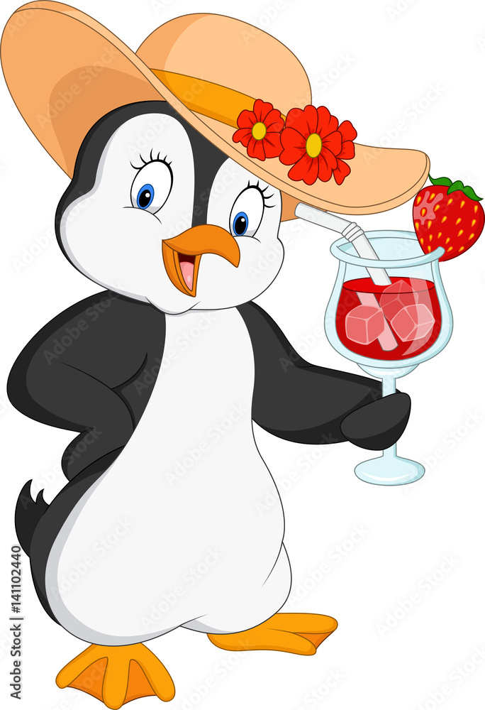 Obraz premium Cartoon penguin with cocktail drink