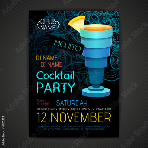 Disco cocktail party poster. 3D cocktail design.