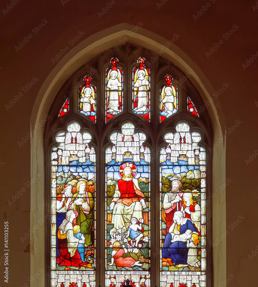 Beautiful colorful church window in Lewes, Great Britain