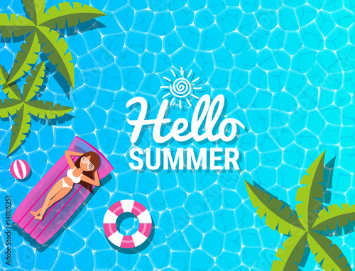 Beautiful woman relaxing at swimming pool for summer concept