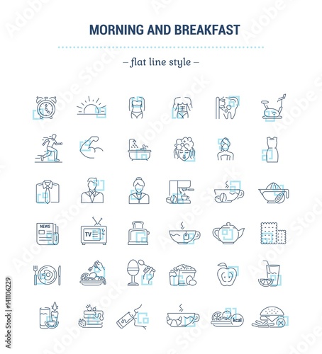 Vector graphic set. Icons in flat, contour, thin, minimal and linear design.Morning and lunch. The daily routine. Elements of the morning breakfast.Concept illustration for Web site.Sign, symbol.
