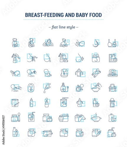 Vector graphic set. Icons in flat, contour, thin, minimal and linear design.Breastfeeding, motherhood, natural nutrition of the newborn.Concept illustration for Web site, app.Sign,symbol,element.