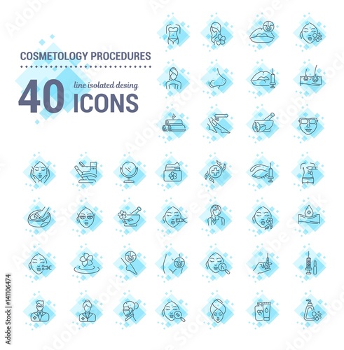 Vector graphic set.Icons in flat, contour,thin and linear design.Cosmetology Clinic. Services, procedures, treatments.Simple isolated icons.Concept illustration for Web site app.Sign,symbol,element.