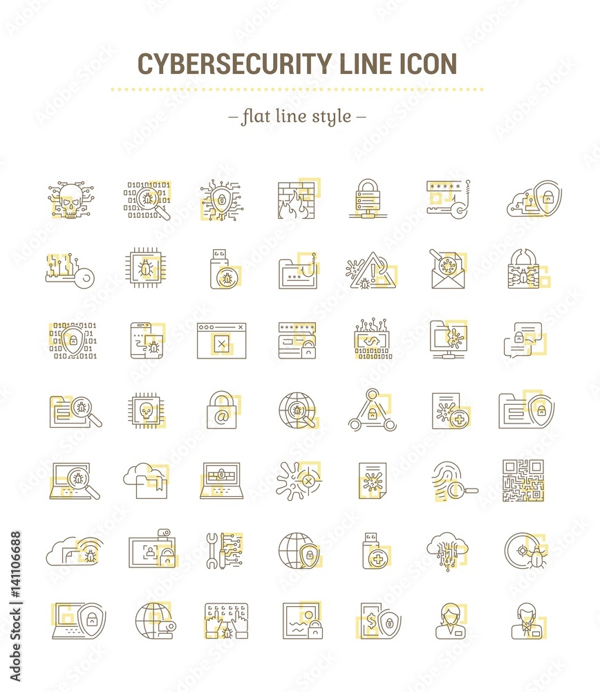 Vector graphic set. Icons in flat, contour, thin, minimal and linear design.Cybersecurity. Protection of virtual electronic data, operations.Concept illustration for Web site.Sign, symbol. Vector graphic set. Icons in flat, contour, thin, minimal and linear design.Cybersecurity. Protection of virtual electronic data, operations.Concept illustration for Web site.Sign, symbol.