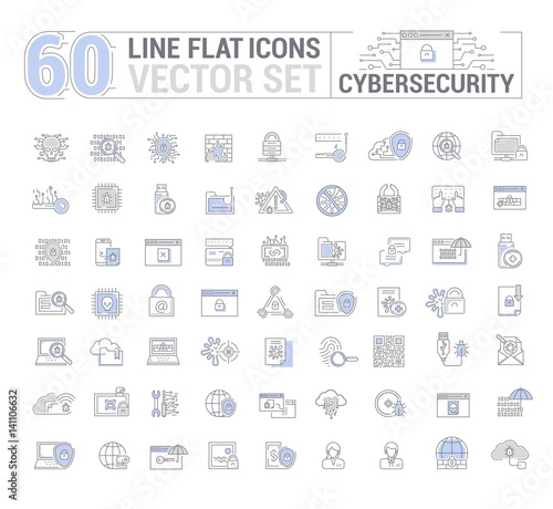 Vector graphic set. Icons in flat, contour, thin, minimal and linear design.Cybersecurity. Protection of virtual electronic data, operations.Concept illustration for Web site.Sign, symbol.