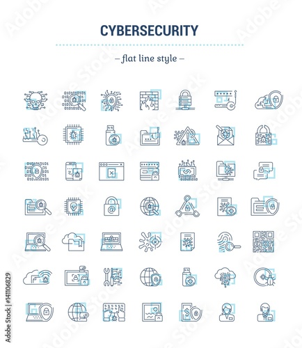 Vector graphic set. Icons in flat, contour, thin, minimal and linear design.Cybersecurity. Protection of virtual electronic data, operations.Concept illustration for Web site.Sign, symbol.