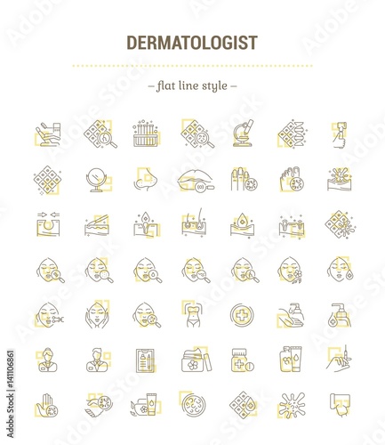 Vector graphic set. Icons in flat, contour, thin, minimal and linear design.Dermatologist.Problem, analysis, treatment.Skin of face, head, hand and body.Concept illustration for Web site.Sign, symbol. photo