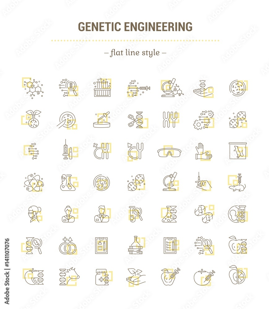 Vector graphic set. Icons in flat, contour, thin, minimal and linear design.Genetic Engineering. Human DNA, cloning, reproduction, research laboratory.Concept illustration for Web site.Sign, symbol. Vector graphic set. Icons in flat, contour, thin, minimal and linear design.Genetic Engineering. Human DNA, cloning, reproduction, research laboratory.Concept illustration for Web site.Sign, symbol.
