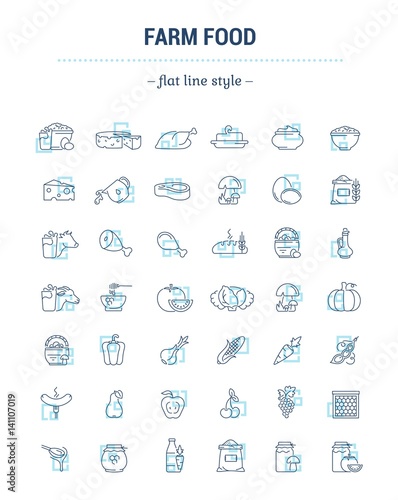 Vector graphic set. Icons in flat, contour, thin, minimal and linear design.Farmer fresh product. Animal and plant food.Healthy nutrition. Natural food.Concept simple isolated icons.Sign, symbol.