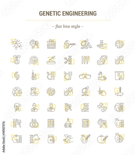 Vector graphic set. Icons in flat, contour, thin, minimal and linear design.Genetic Engineering. Human DNA, cloning, reproduction, research laboratory.Concept illustration for Web site.Sign, symbol.