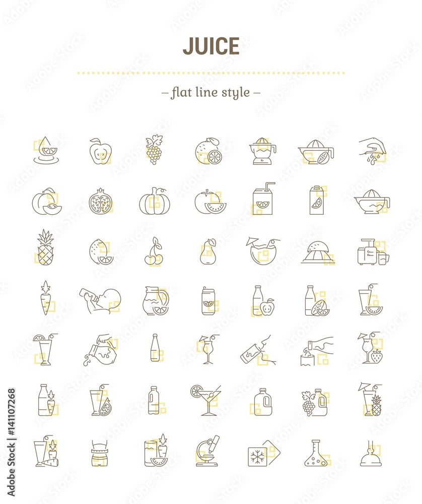 Vector graphic set.Icons in flat, contour, thin, minimal and linear design.Illustration of juice. Glass, cup,bottle and package.Natural, product.Simple isolated concept sign and symbol for Web site.