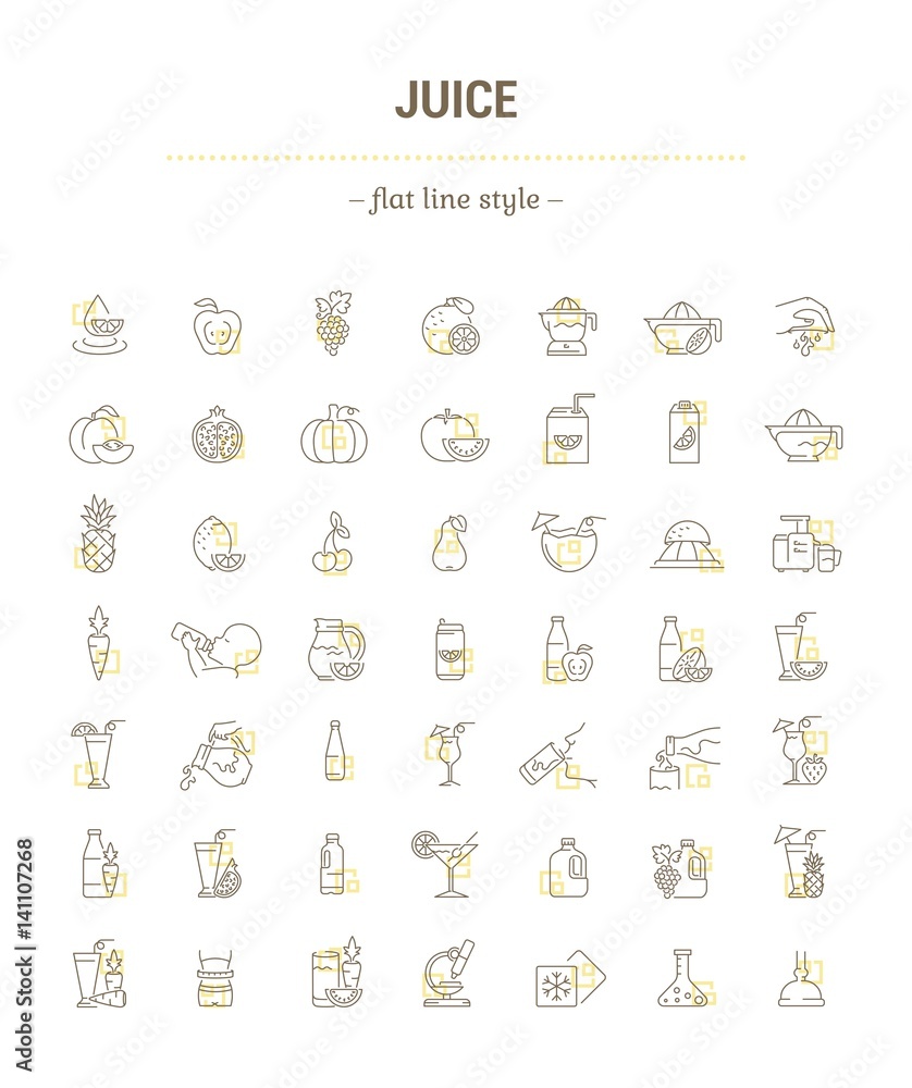 Naklejka premium Vector graphic set.Icons in flat, contour, thin, minimal and linear design.Illustration of juice. Glass, cup,bottle and package.Natural, product.Simple isolated concept sign and symbol for Web site.