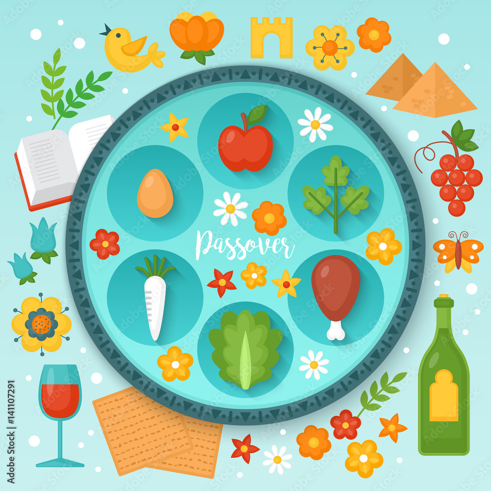 Jewish holiday Passover seder plate and traditional symbols for graphic