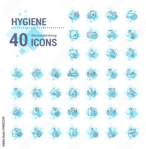Vector graphic set.Icons in flat, contour,thin, minimal and linear design.Human hygiene products.Protection from bacteria.Healthy lifestyle.Concept of simple isolated icons.Sign,symbol,element.