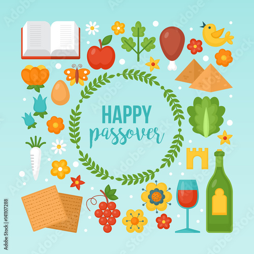 Jewish holiday Passover traditional symbols for graphic and web design. Vector illustration
