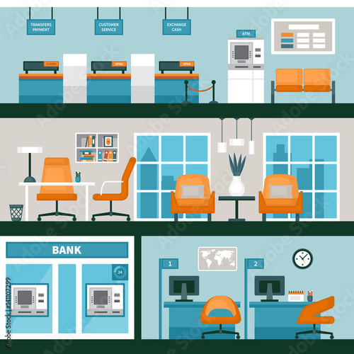 Empty bank office interior. Vector illustration