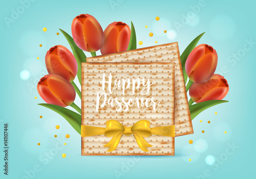 Jewish holiday Passover banner design with matzo and tulip flowers. Realistic vector illustration