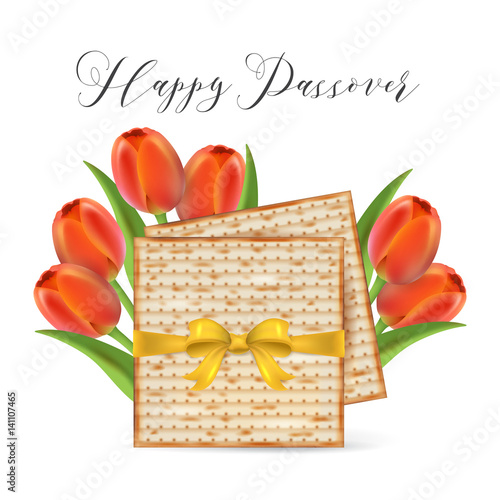 Jewish holiday Passover banner design with matzo and tulip flowers isolated on white background. Realistic vector illustration