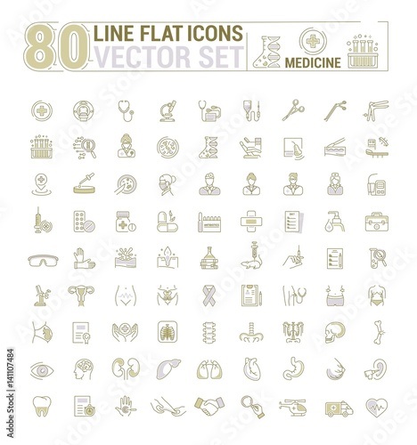 Vector graphic set. Icons in flat, contour, thin, minimal and linear design.Medicine. Branches of Medicine. Medical education.Treatment of diseases.Concept illustration for Web site.Sign, symbol.