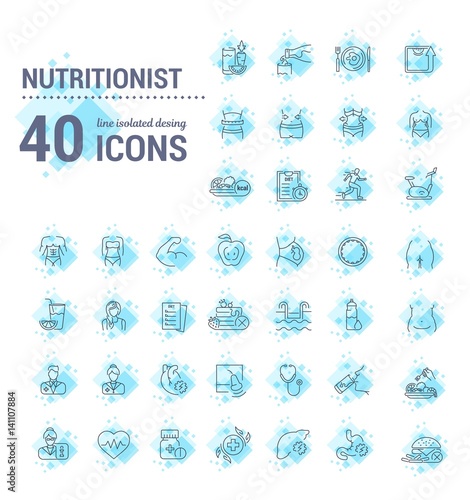 Vector graphic set. Icons in flat, contour, thin, minimal and linear design.Medicine. Nutritionist.Disease, treatment, care about health of body.Concept illustration for Web site.Sign, symbol.