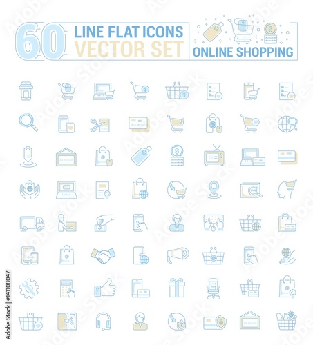 Vector graphic set. Icons in flat, contour,thin, minimal and linear design.Online shopping. Internet shop.Order,purchase, payment.Simple isolated icons.Concept of web site and app.Sign,symbol,element.