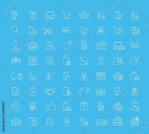 Vector graphic set. Icons in flat, contour,thin, minimal and linear design.Online shopping. Internet shop.Order,purchase, payment.Simple isolated icons.Concept of web site and app.Sign,symbol,element.