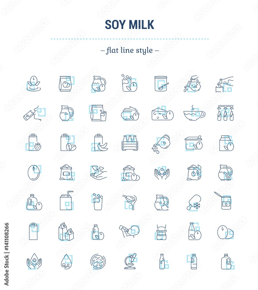 Vector graphic set. Icons in flat, contour, thin, minimal and linear design.Soy milk. The natural green product. Herbal nutrition.Simple isolated icons.Concept illustration for Web site.Sign, symbol.