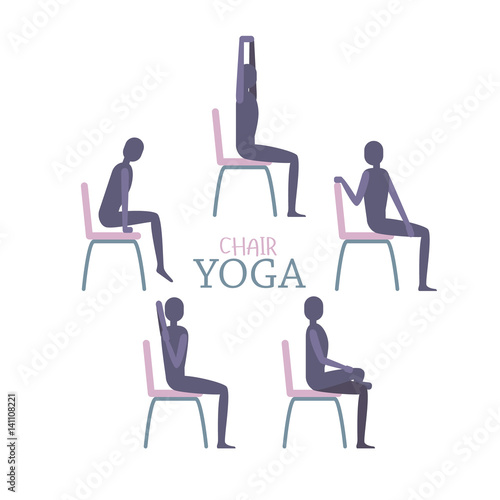 Vector illustration of man or woman sitting on a chair in yoga poses. Relaxing and stretching schematic image. Flat vector illustration in gentle palette.