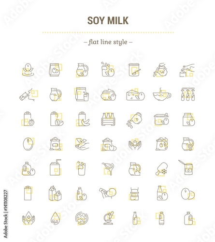 Vector graphic set. Icons in flat, contour, thin, minimal and linear design.Soy milk. The natural green product. Herbal nutrition.Simple isolated icons.Concept illustration for Web site.Sign, symbol.