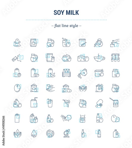 Vector graphic set. Icons in flat, contour, thin, minimal and linear design.Soy milk. The natural green product. Herbal nutrition.Simple isolated icons.Concept illustration for Web site.Sign, symbol.