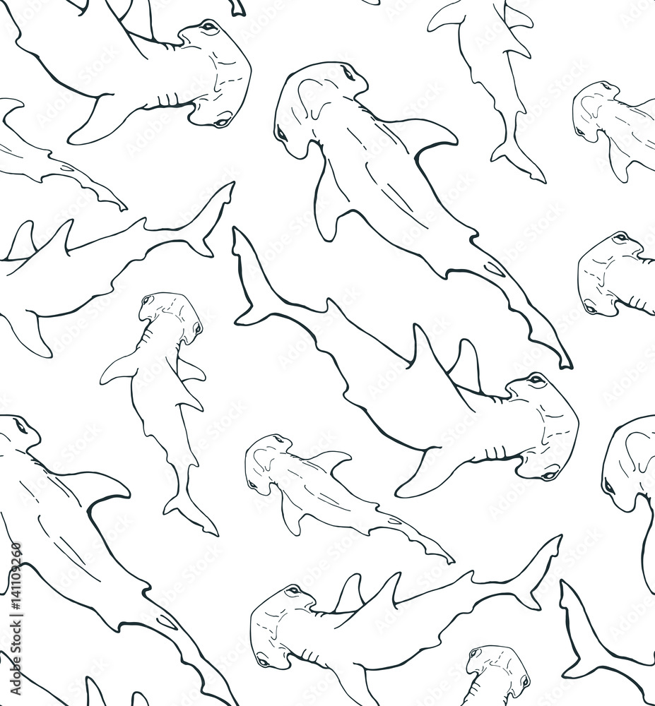 hammerhead shark contour seamless pattern on white background hammerhead shark contour seamless pattern on white background