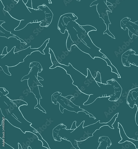 hammerhead shark contour seamless pattern on dark blue background