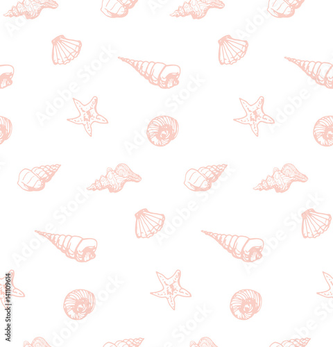 seamless pattern with contours of seashells, mollusk and oyster on rose background © sokolovaju