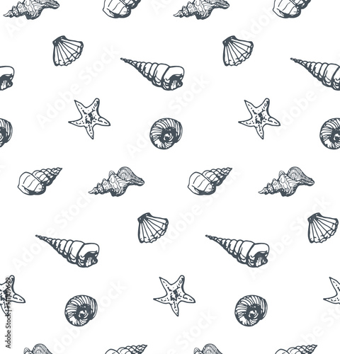 seamless pattern with seashells, mollusk and oyster on white background