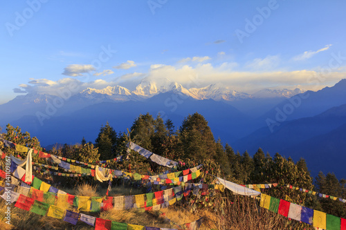 Annapurna and Himalaya mountain range with sunrise view from Poonhill, famous trekking destination in Nepal.