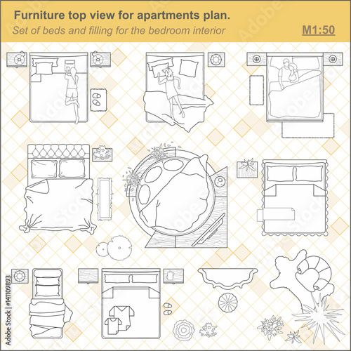 A set of furniture for the bedroom,  top view. The layout of the apartment, technical drawing.  Interior icon for floor plan of the bedroom design. Vector illustration