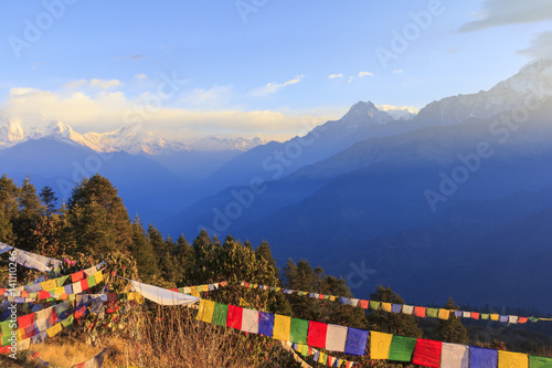 Annapurna and Himalaya mountain range with sunrise view from Poonhill, famous trekking destination in Nepal.