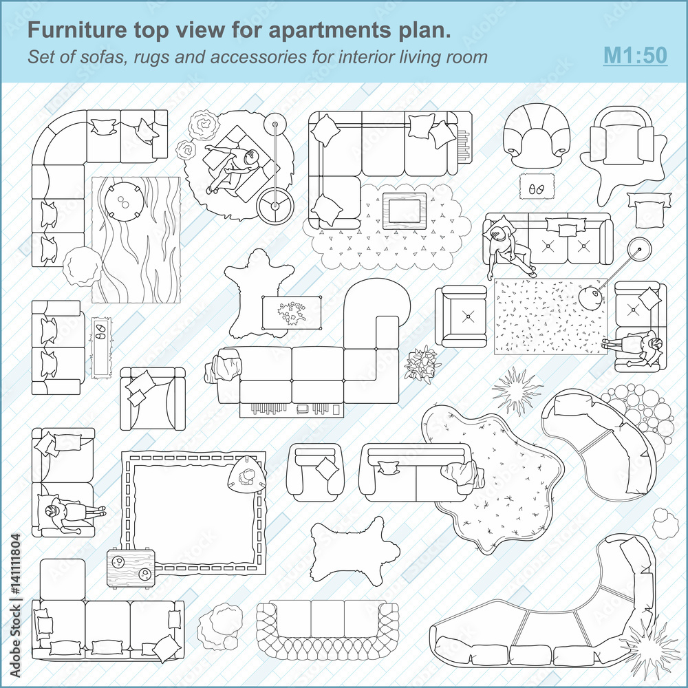 Set of sofas, rugs and accessories for interior living room Furniture top view for apartments plan. Set of sofas, rugs and accessories for interior living room. The layout of the apartment, technical Set of sofas, rugs and accessories for interior living room Furniture top view for apartments plan. Set of sofas, rugs and accessories for interior living room. The layout of the apartment, technical