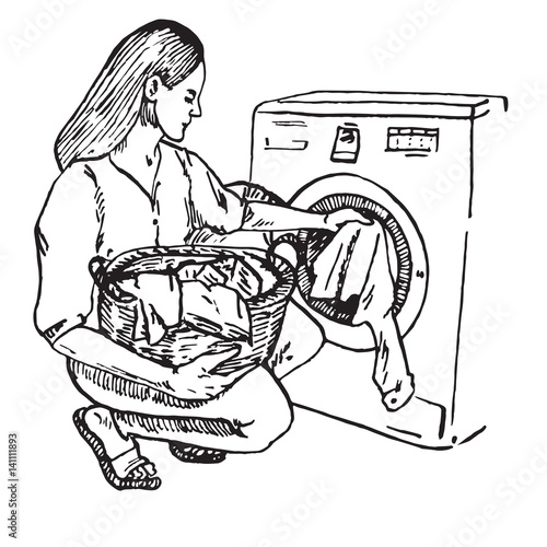 Beautiful woman put clothes from basket in washing machine, housewife everyday routine, hand drawn doodle, sketch in simple line pop art style, vector